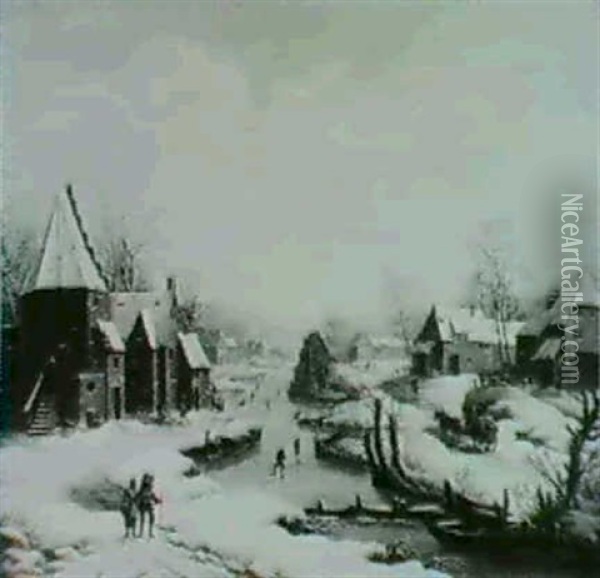 Winter Scenes : Travellers On A Road Through A Village;     And Skaters On A Canal Oil Painting - Johann Christoph Dietzsch