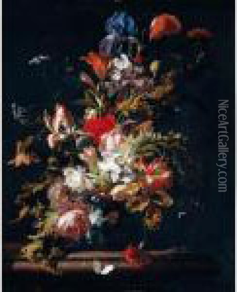A Still Life Of Blooms Of Lily, 
Rose, Poppy, Peony, Iris, Narcissus, Carnation, Convolvulus And Other 
Flowers, With Sprays Of Cow Parsley, In A Chinese Porcelain Vase On A 
Marble Ledge Oil Painting - Simon Pietersz. Verelst
