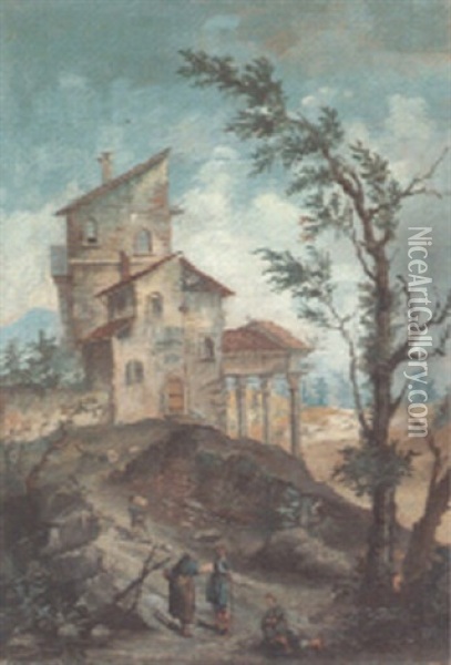 An Italianate Landscape With A Hilltop Villa And Travellers Oil Painting - Vincenzo Martinelli