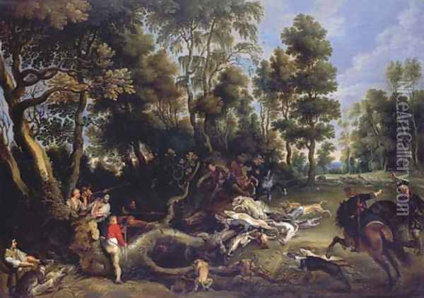 A boar hunt in a wooded landscape Oil Painting - Lucas Van Uden
