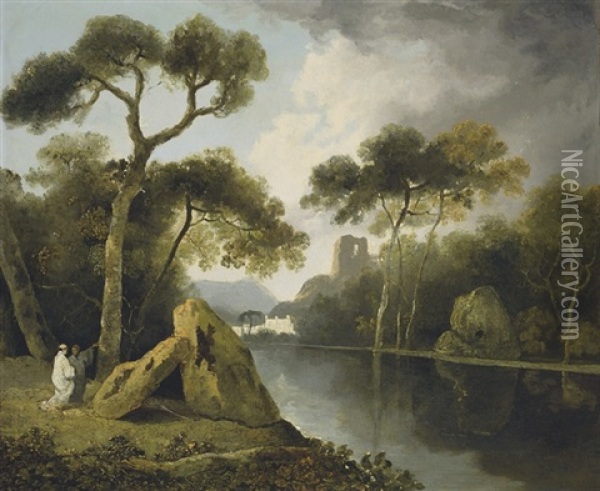 A River Landscape With Monks Conversing By A Pair Of Megaliths, Ruins Beyond Oil Painting - William Hodges