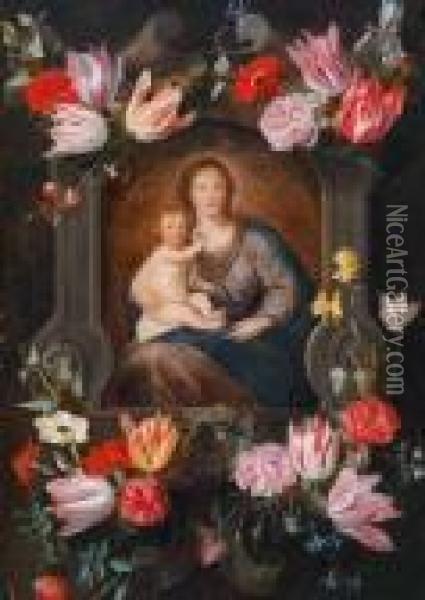 Die Muttergottes Mit Demchristusknaben In Einer Blumengeschmuckten Kartusche Oil Painting - Jan Brueghel the Younger