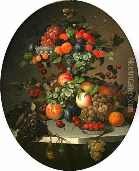 Still Life Of Fruit In An Ewer On A Marbletable Oil Painting - Charles Carl Baum /