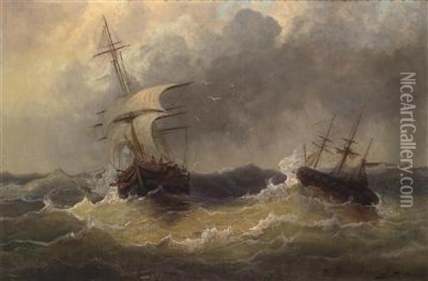 Zwei Schiffe Auf Stark Bewegter See Oil Painting - Josef Carl Berthold Puttner