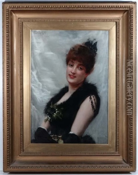 Fine Portrait Of A Red Haired Lady, Dressed Wearing Some Whitby Jet And Holding A Pair Of Theatre Glasses Oil Painting - Frank Markham Skipworth