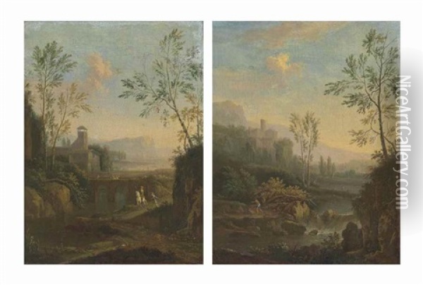 An Italianate River Landscape With A Waterfall And A Figure On A Path, A Villa And Mountains Beyond; And An Italianate River Landscape With Travellers Crossing A Bridge And A Figure On Horseback, A Villa Beyond Oil Painting - Jan Van Huysum