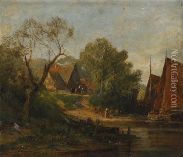 Landschaft Am Seeufer Und Personenstaffage Oil Painting - Gustav Meissner