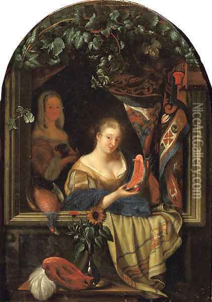 A woman at a feigned stone window holding a salmon-steak Oil Painting - Frans van Mieris