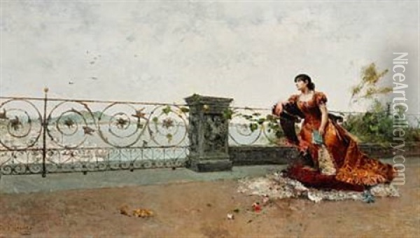 A Young Lady Enjoying The View From A Terrace Oil Painting - Francisco Miralles y Galup