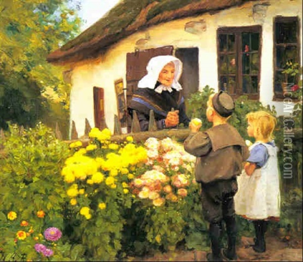 Born Og Kone I Snak Ved Et Strataekt Hus Oil Painting - Hans Andersen Brendekilde