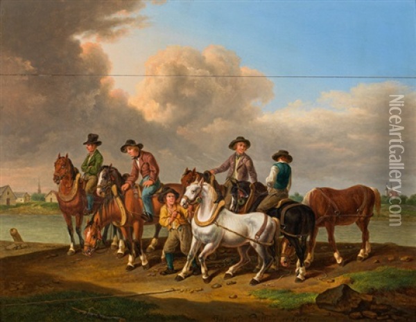 Treidelpferde Am Flussufer Oil Painting - Johann Baptist Dallinger von Dalling the Younger