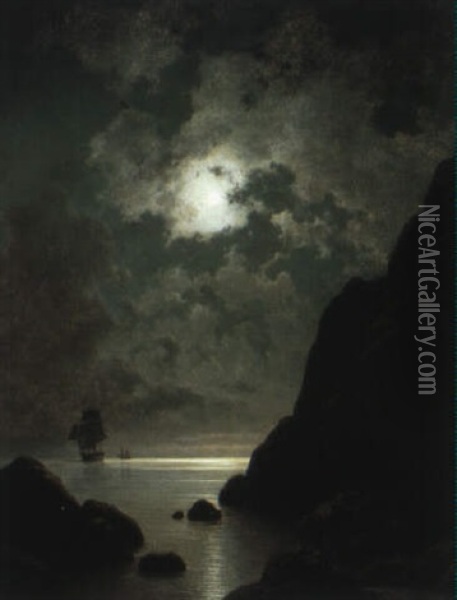 Moonlit Cliffs Oil Painting - Georg Emil Libert