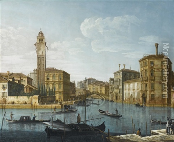 Venice, The Grand Canal At The Entrance To The Cannaregio With The Church Of San Geremia And The Palazzo Labia Oil Painting - Pietro Bellotti