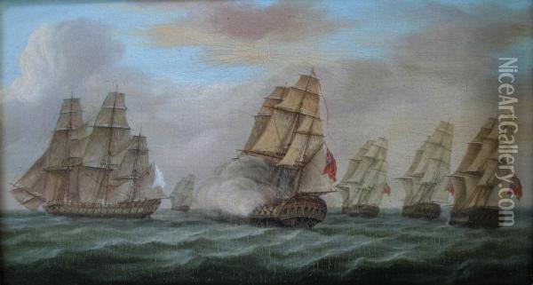 English And French Fleets In Line Of Battle Oil Painting - James E. Buttersworth