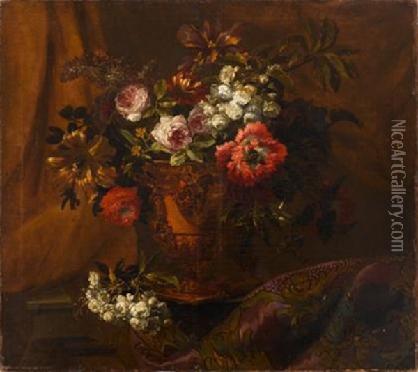 Still Life Of Parrot Tulip, Roses, Chrysanthemums And Other Flowers In A Gilt Bronze Urn, Upon A Ledge With Draped Cloth Oil Painting - Jean-Baptiste Monnoyer