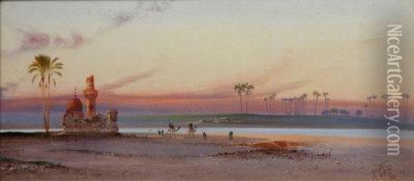 Red Skies Near Cairo. Oil Painting - Henry Stanton Lynton