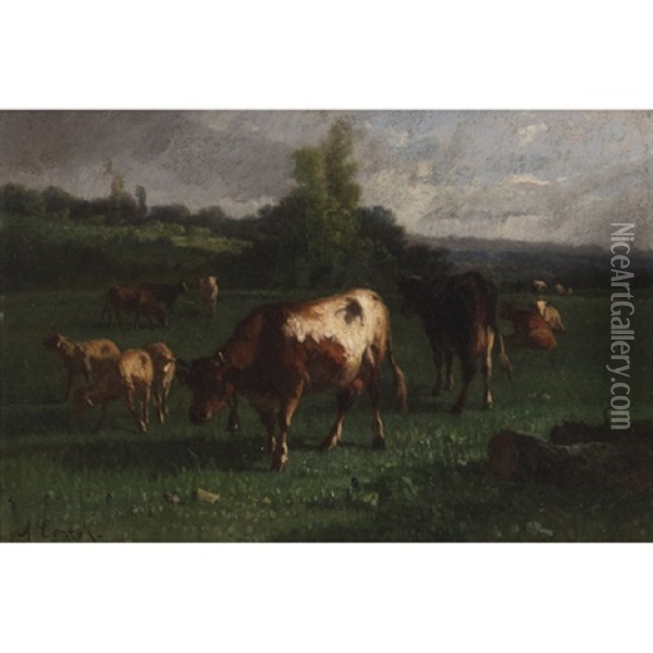 Cows And Sheep In A Pasture Oil Painting - Andres Cortes y Aguilar