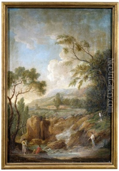Idealisierte Campagnalandschaften Mit Wasserfallen, Figuren- Und Tierstaffage (pair) Oil Painting - Adolf Friedrich Harper