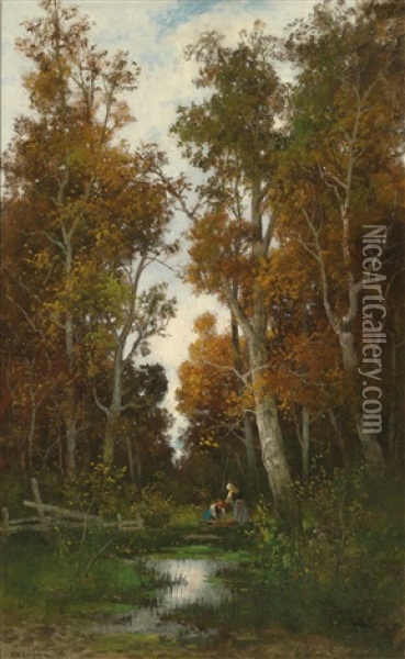 Autumn Woodland With Woman Gathering Brushwood Oil Painting - Adolf Kaufmann