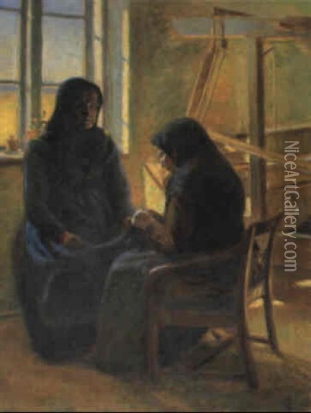 To Kvinder I Interieur, Siddende Ved V+v Oil Painting - Viggo Johansen