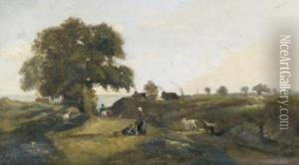Bauernpaar Mit Ziegen In Kustenlandschaft. Oil Painting - Georges Etienne Prieur