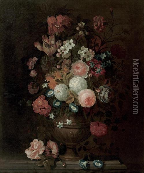 Roses, Tulips, Carnations, Morning Glory And Various Other Flowersin A Vase, On A Stone Ledge Oil Painting - Simon Hardime