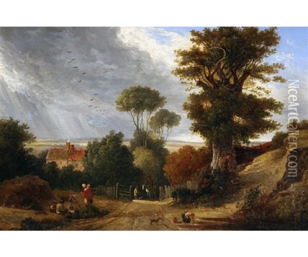 Country Lane With Gypsy Encampment, Figures, Horse And Dog With Cottage To Distance Oil Painting - Robert Ladbrooke