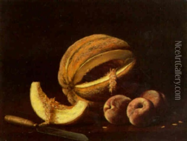 Still Life With Melon And Peaches Oil Painting - Albert Francis King