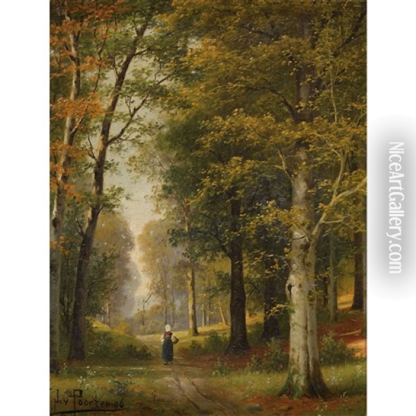 Sonnige Waldlandschaft Mit Bauerin Oil Painting - Jacobus Johannes Van Poorten