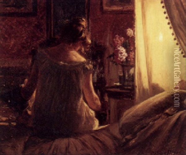 Interior Med Rygvendt Kvinde I Sollys Oil Painting - Cilius (Johannes Konrad) Andersen