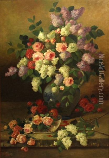 A Still Life With Roses And Lilacs In A Blue Vase Oil Painting - Francois Joseph Huygens