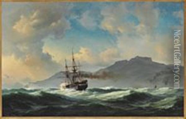 Seascape With Steam Frigate Off A Rocky Coast Oil Painting - Daniel Hermann Anton Melbye