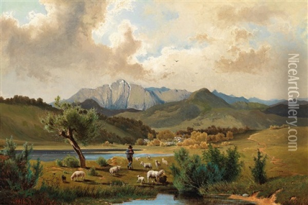 Shepherd By The Lake Oil Painting - Anton Hlavacek