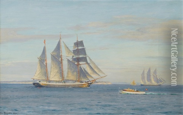Three-master And Motorboat Oil Painting - Christian Benjamin Olsen
