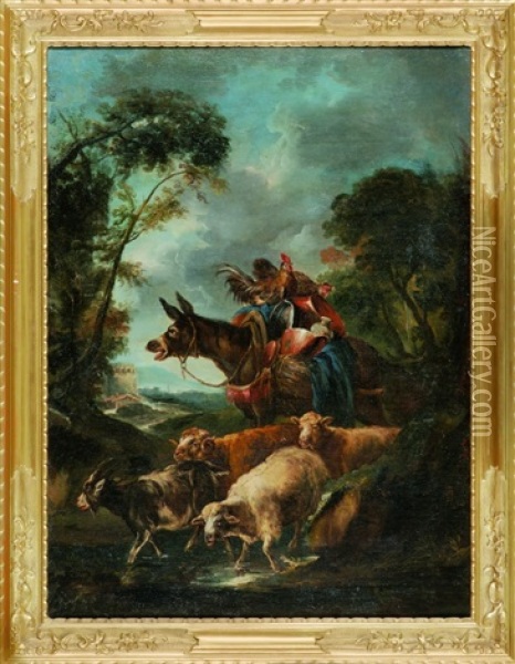 Landschaft Mit Esel Und Schafen Oil Painting - Domenico Brandi