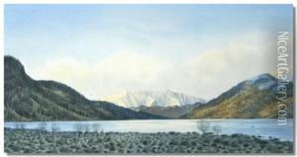 Continental Landscape With Snow Cap Mountains Beyond Oil Painting - John Riley