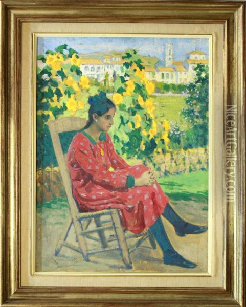 Joven Sentada En El Jardin Oil Painting - Joan Llimona