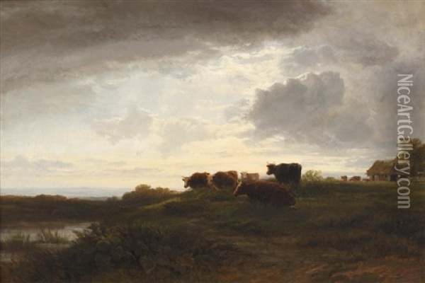 Cattle At The Water's Edge At Dusk Oil Painting - George Cole