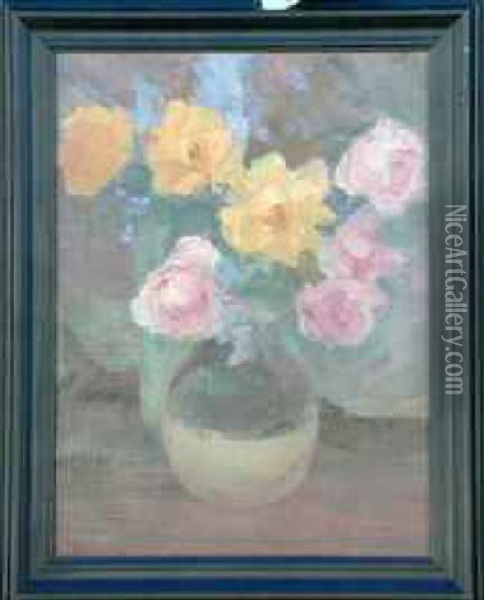 Still Life - Roses In Ceramic Vase Oil Painting - Jean Mannheim