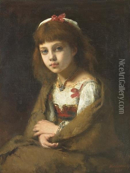 A Portrait Of A Young Girl With A Pearl Necklace Oil Painting - Alexei Alexeivich Harlamoff