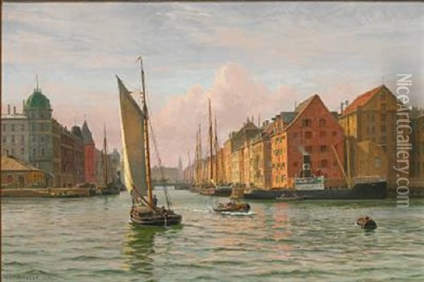 View From The Port Of Copenhagen Towards Nyhavn Oil Painting - Vilhelm Karl Ferdinand Arnesen