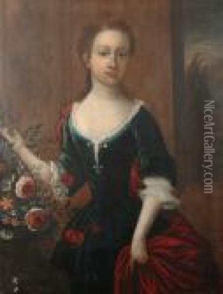 Portrait Of A Young Girl, 
Three-quarter-length, In A Blue Dress With A Red Wrap, Standing Beside A
 Vase Of Flowers, A View To A Landscape Beyond Oil Painting - William Aikman