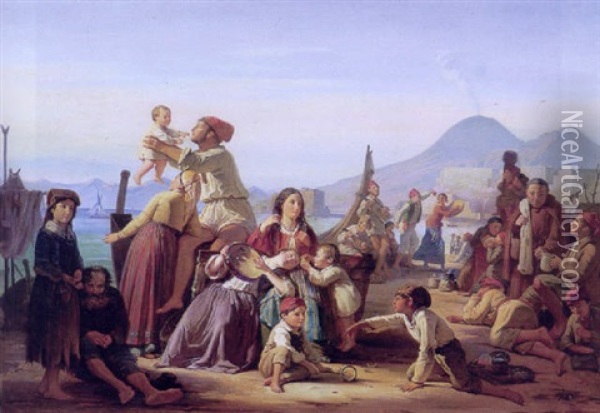Italienske Fiskerfamilier, Pa Stranden Ved Vesuv Oil Painting - Johan Zacharias Blackstadius