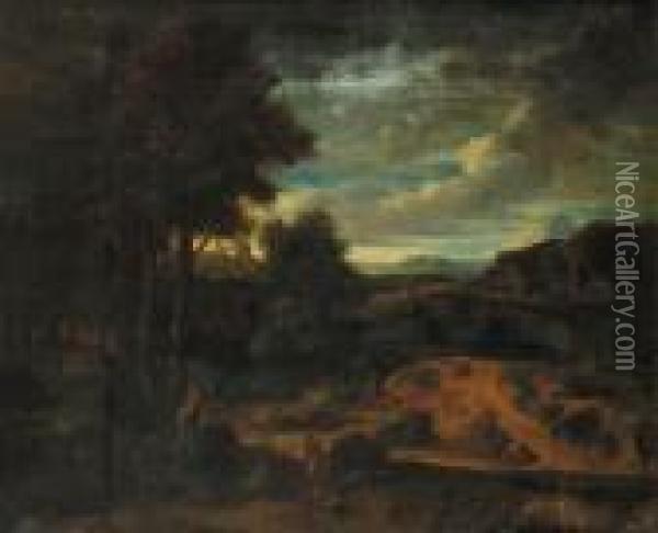 An Italianate Landscape At Sunset With Shepherds In The Foreground Oil Painting - Gaspard Dughet Poussin