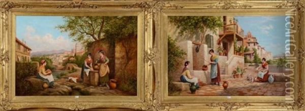 Jeunes Filles Sur Une Terrasse Fleurie En Espagne Et Jeunes Filles A La Fontaine (pair) Oil Painting - Arthur Trevor Haddon