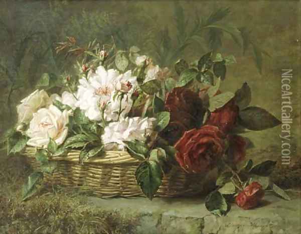 Roses in a basket Oil Painting - Adriana-Johanna Haanen
