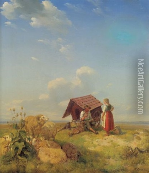 Schafer Und Junge Magd Im Gesprach Oil Painting - Robert Eberle