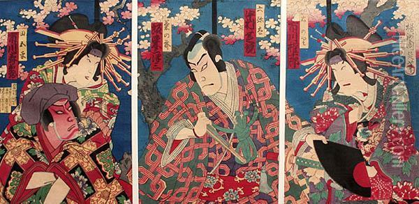 Settling A Feud Between A Geisha And Samurai - Triptych Oil Painting - Kunisada Iii Hosai