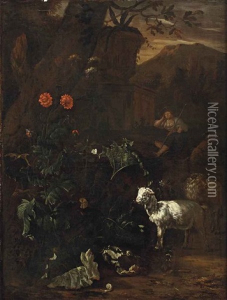 A Shepherdess Resting With Goats In An Italianate Landscape Oil Painting - Abraham Jansz. Begeyn