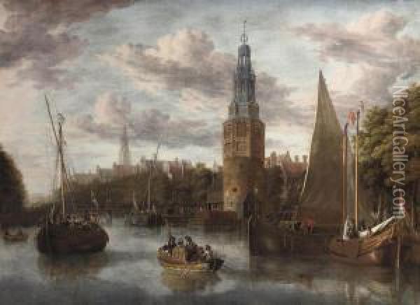 The Embarkation Of The Troops Near The Montelbaanstoren At The Oudeschans, Amsterdam, The 'scheepjesbrug' To The Left And Thezuiderkerk In The Distance Oil Painting - Jacobus Storck
